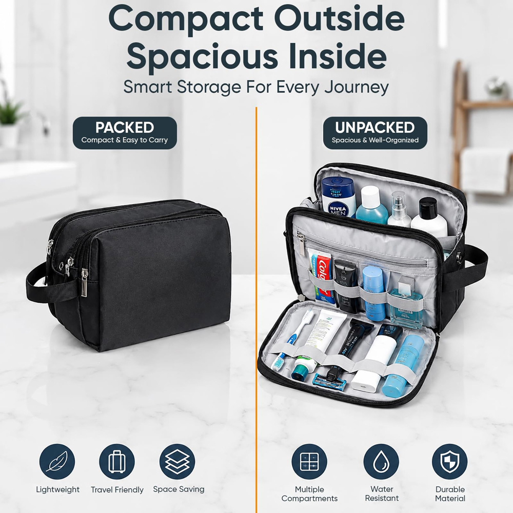 ATEK Black Large Travel Wash Bag with Wet Pocket Image 3