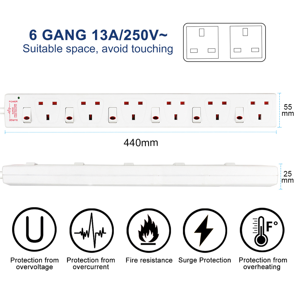 ExtraStar White 13A 2m 6 Socket Individually Switched Surge Protected Extension Lead Image 6