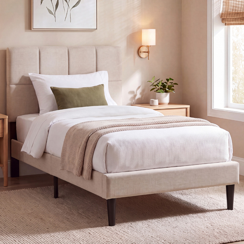VIDA DESIGNS Velmora Single Beige Linen Fabric Bed Image 1