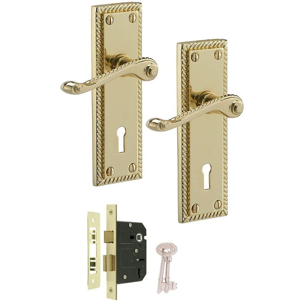 Golden Grace Georgian Polished Brass Lever Lock Handles Set 150 x 48mm Image 1