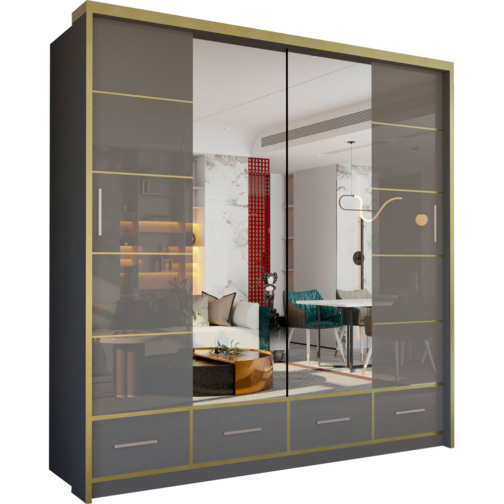 M N Furniture Silora 2 Door 4 Drawer Grey and Gold High Gloss Mirrored Sliding Wardrobe 203cm Image 2