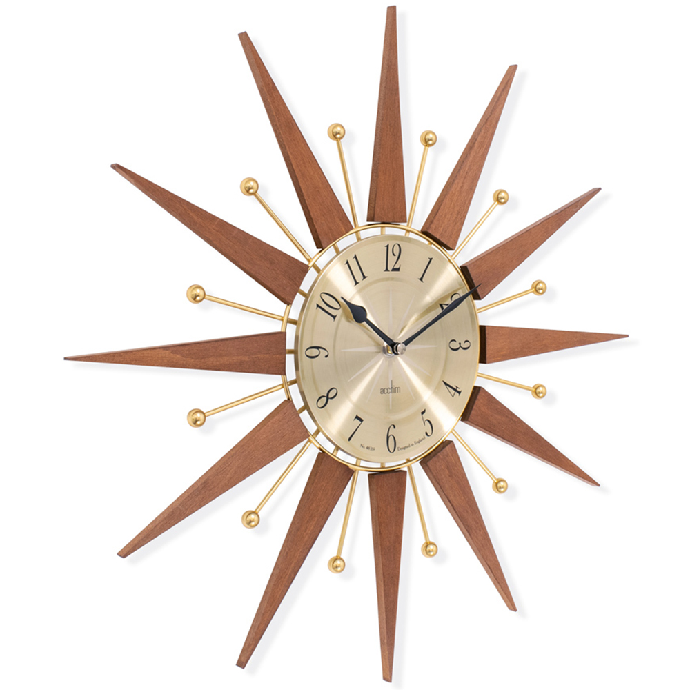 Acctim Wolcott Walnut and Brass Wood and Metal Spoke Sunburst Wall Clock 49cm Image 2
