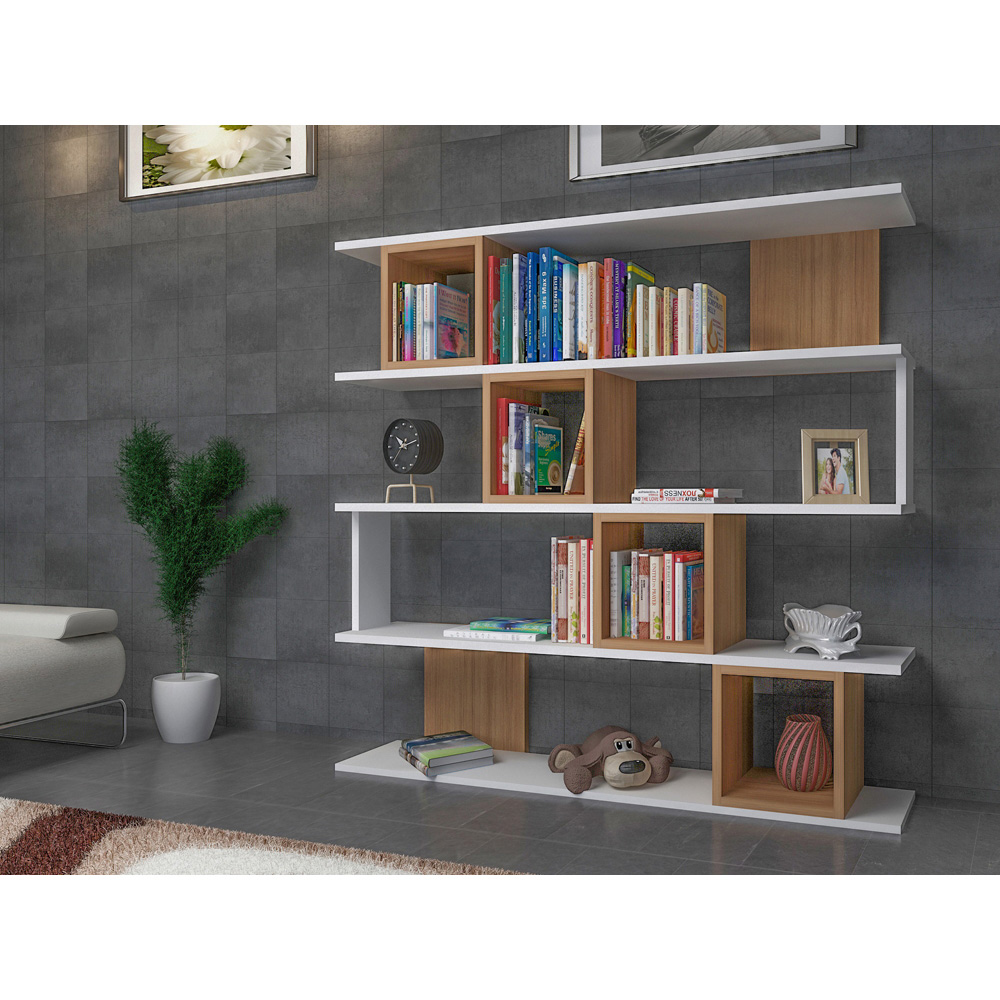 Decorotika Wind 5 Shelf 4 Cube White and Walnut Geometric Bookcase Image 2