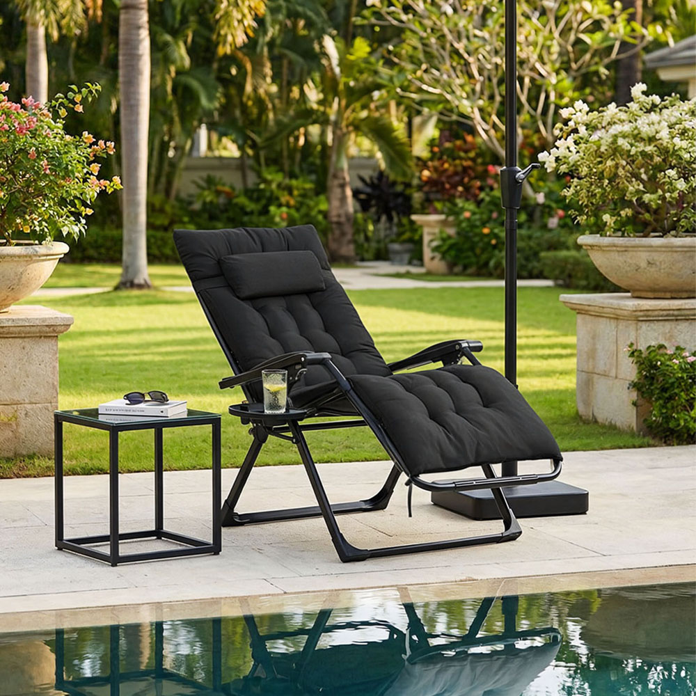 Living and Home Black Padded Zero Gravity Folding Outdoor Recliner Chair with Side Tray Image 7