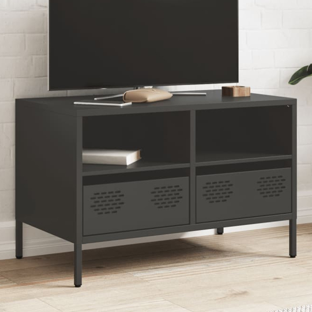 vidaXL 2 Drawer 2 Shelf Black Steel Industrial Style TV Cabinet Image 1