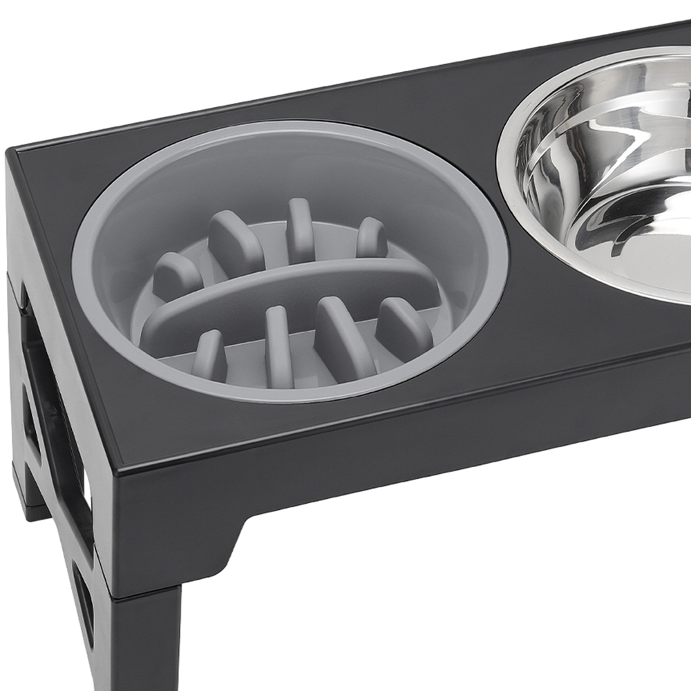 H&O Direct Stainless Steel Height Adjustable Elevated Pet Feeder with Slow Feeder Bowl Image 4