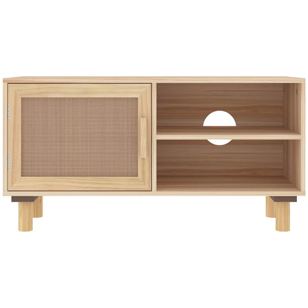 vidaXL Single Door 2 Shelf Brown Solid Pine Wood and Natural Rattan TV Cabinet with Cable Hole Image 4