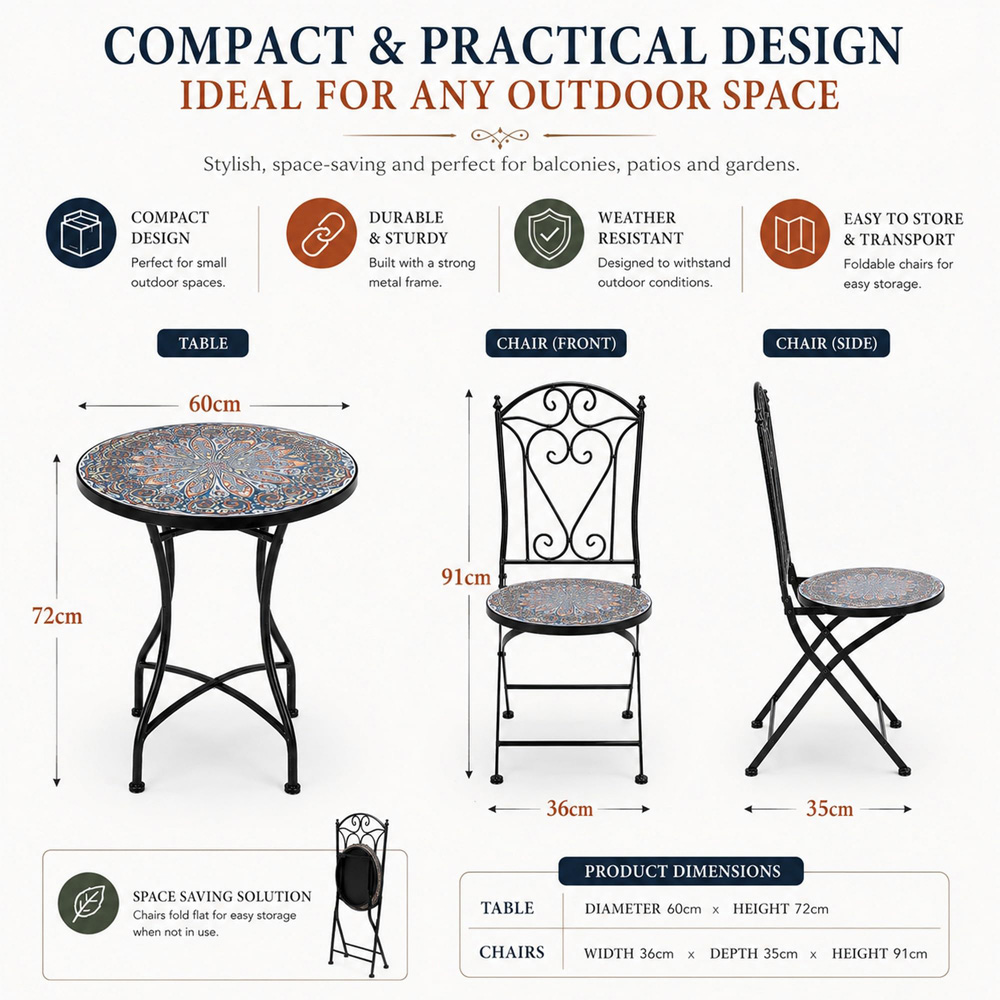 Shatchi Cairo 2 Seater Mosaic Ceramic Tile Top Foldable Bistro Set Image 9