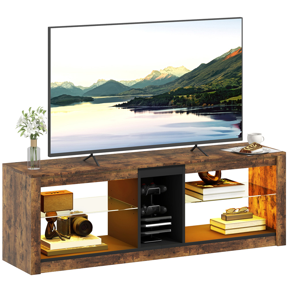 HOMCOM 4 Shelf Rustic Brown TV Stand with LED Lights Image 2