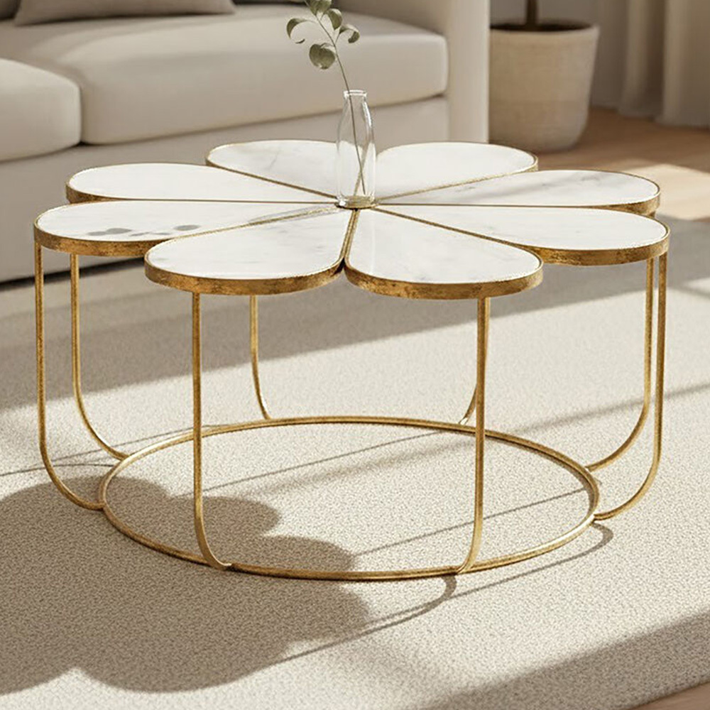 Premier Housewares White Marble Top Petal Coffee Table with Gold Frame Image 1