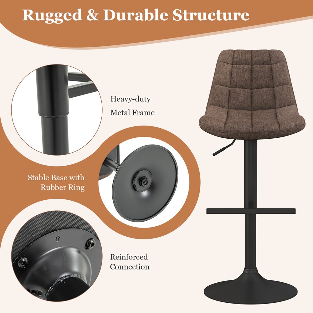Costway Brown Upholstered Height Adjustable Swivel Bar Stool Set of 2 Image 6