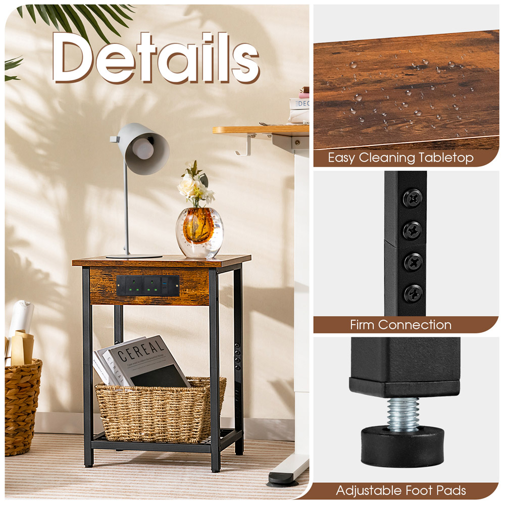 Costway Single Shelf Bedside Table with Charging Station Set of 2 Image 8