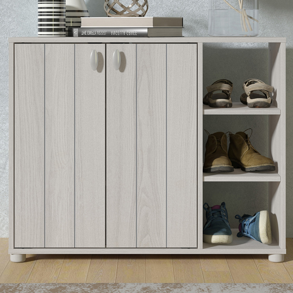 GFW Bideford Grey Oak Shoe Cabinet with Open Storage Image 1