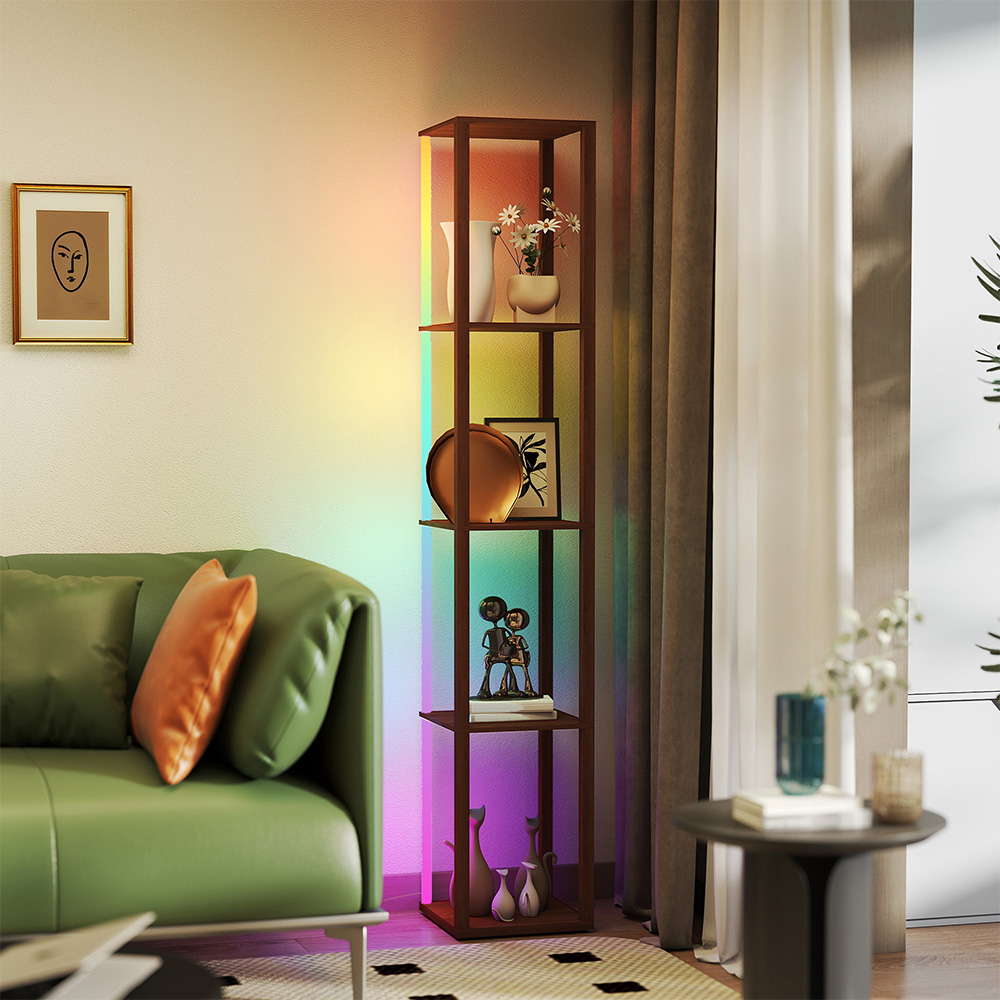 HOMCOM 4 Shelf Brown RGB LED Floor Lamp with Remote Image 3