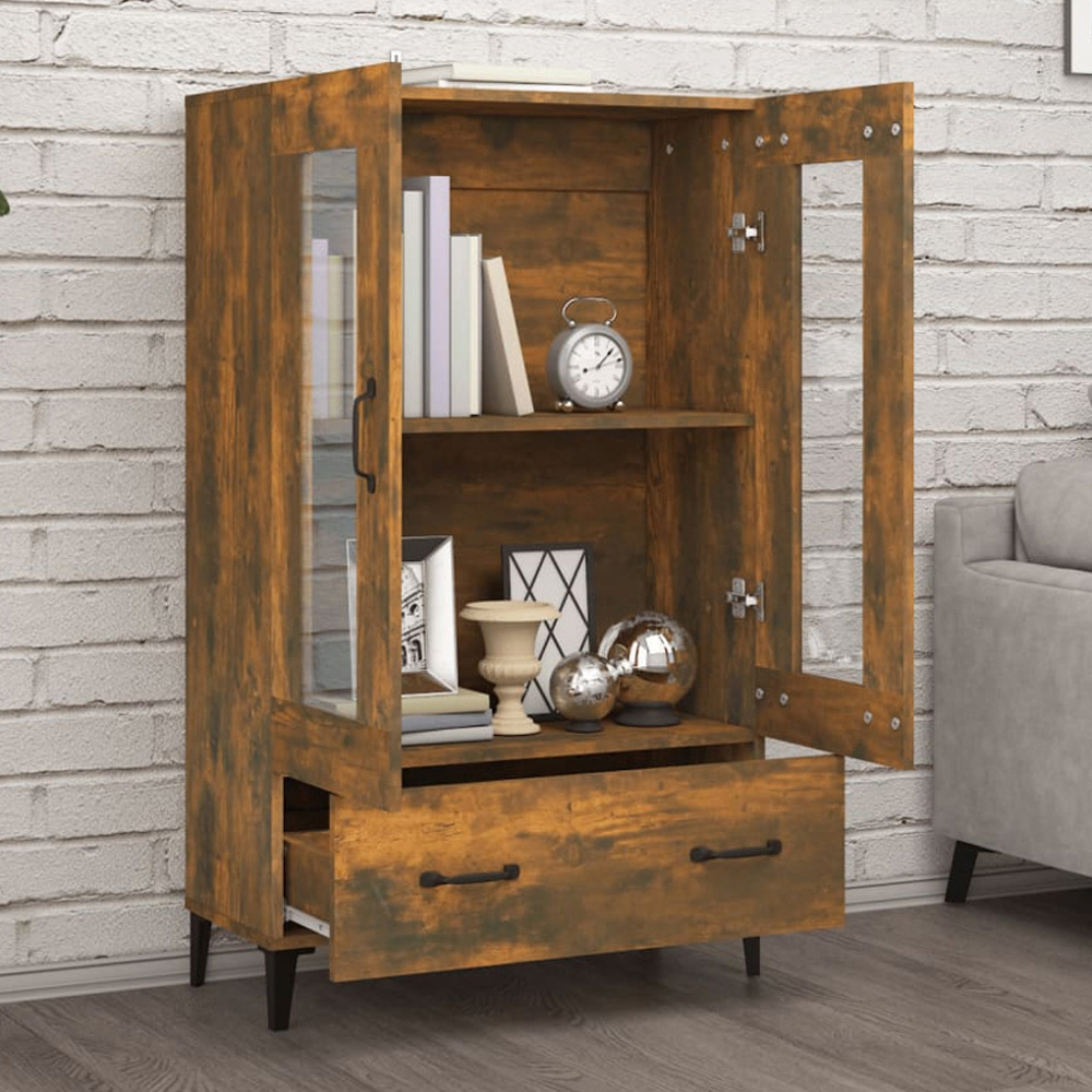 vidaXL 2 Glass Door Single Drawer Smoked Oak Highboard Image 1