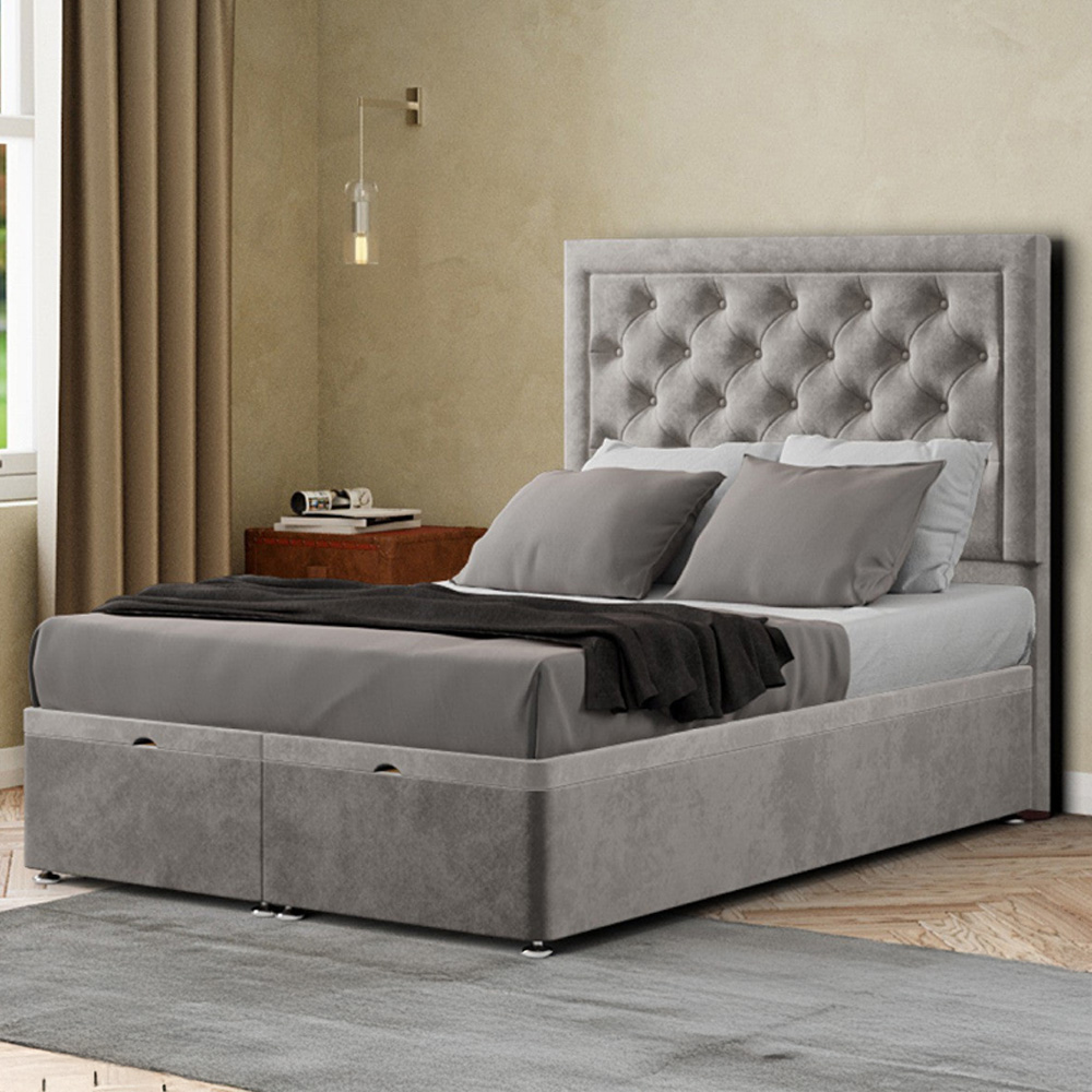 Eleganza Castle Double Silver Plush Ottoman Bed with Floor Standing Headboard Image 1