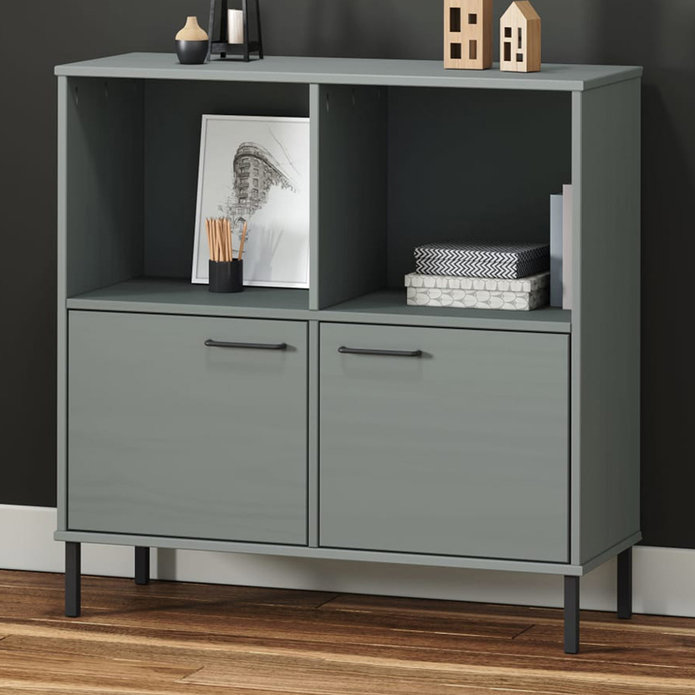 vidaXL Oslo 2 Door 2 Shelf Grey Solid Pine Wood Bookcase Image 1