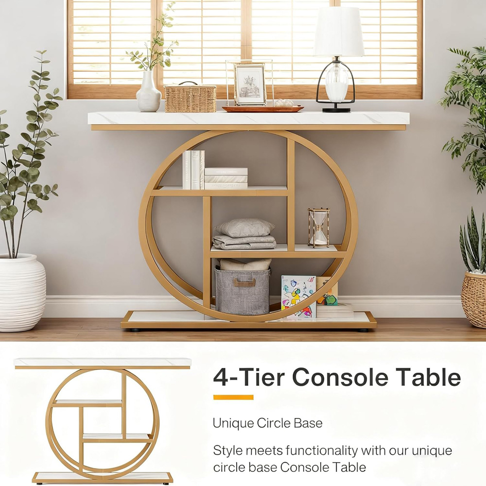 Alivio 4-Tier White and Gold Rustic Wood Double Round Metal Frame Console Table Image 7