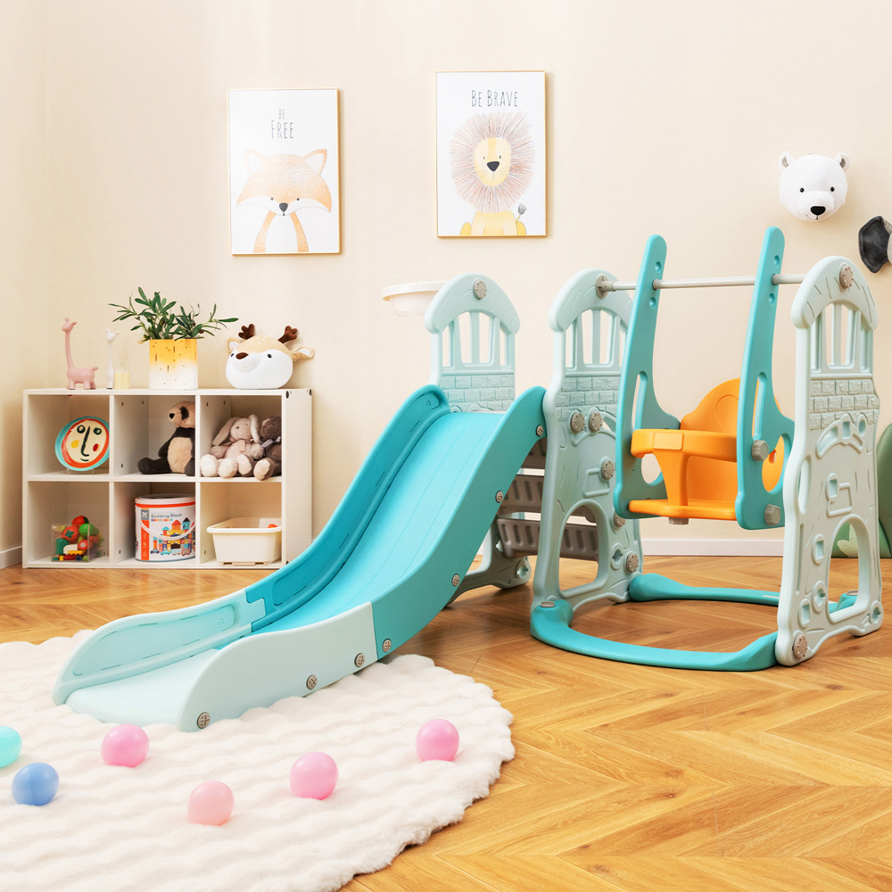 Costway 4-in-1 Toddler Green Slide and Swing Set Image 5