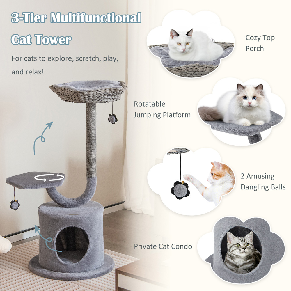 Costway 3 Tier Grey Cat Tree with Raper Rope Covered Scratching Post Image 8