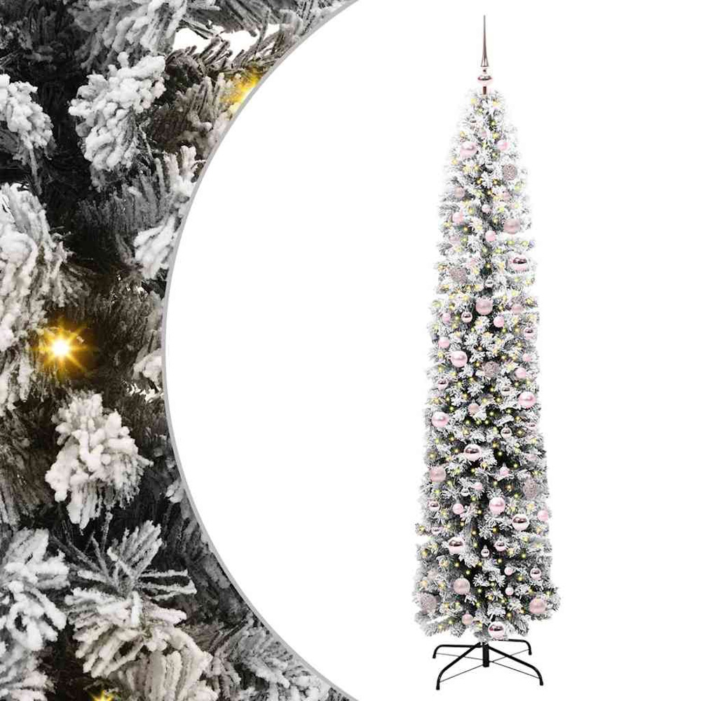 vidaXL 300 LED Pre-Lit Pink Baubles Green Artificial Snow Flocked Christmas Tree 7ft Image 2