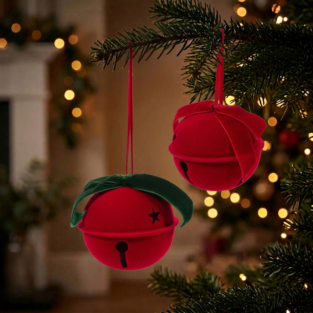 Pack of 6 Flocked Velvet Bow Bells Red Image 2