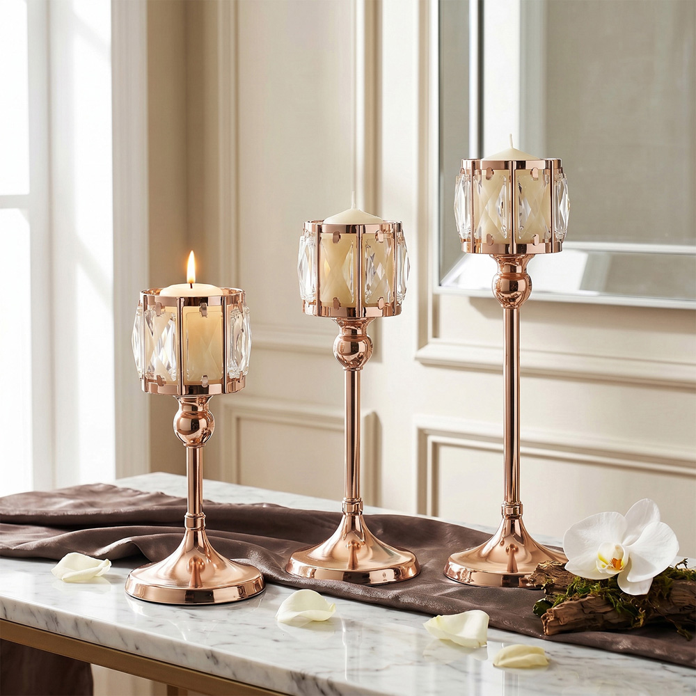 Living and Home Gold Crystal Panel Tiered Candle Holder Set of 3 Image 8