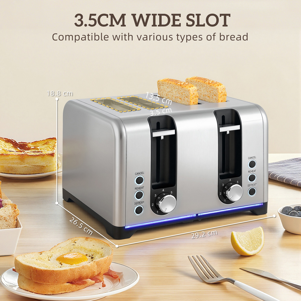 HOMCOM 800-290V70SR Silver Tone 1.7L Kettle and 4 Slice Toaster Set 3000W Image 8