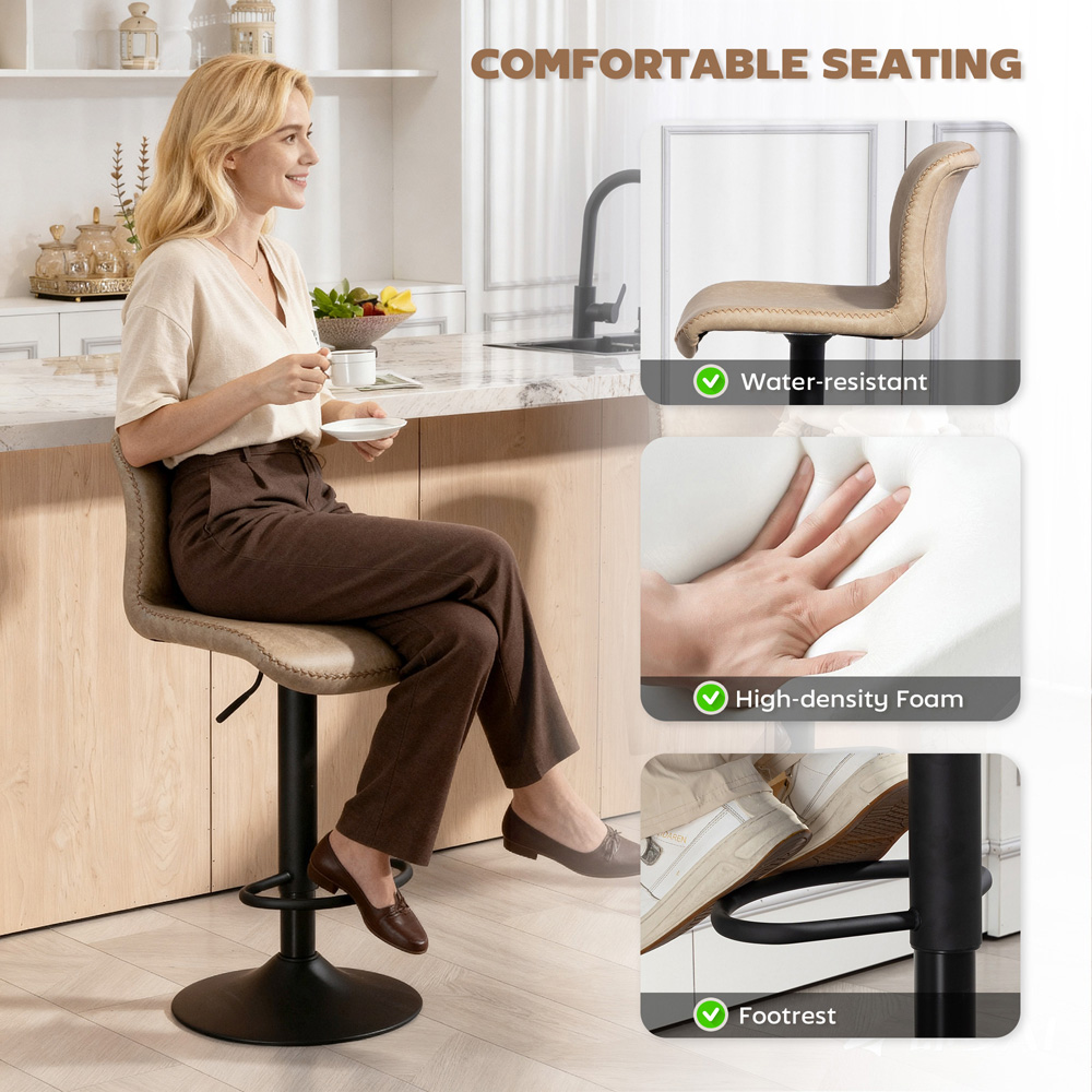 Portland Cream PU Leather Height Adjustable Bar Stool Set of 2 Image 5