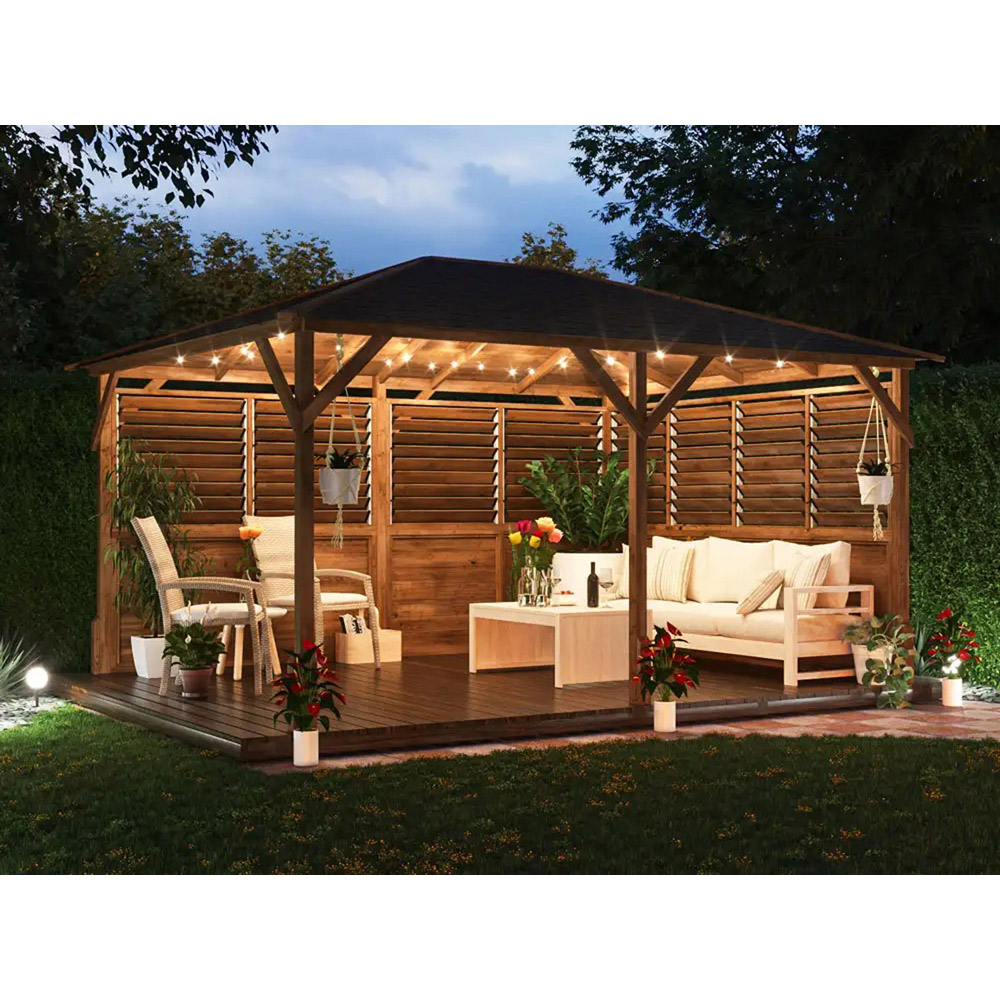 Dunster House Utopia 4 x 3m Brown Louvre Wall Garden Gazebo with Roof Shingles Image 4
