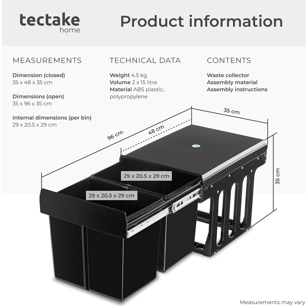 Tectake Ashlyn 2 Compartment Black Telescopic Waste Collector 30L Image 9