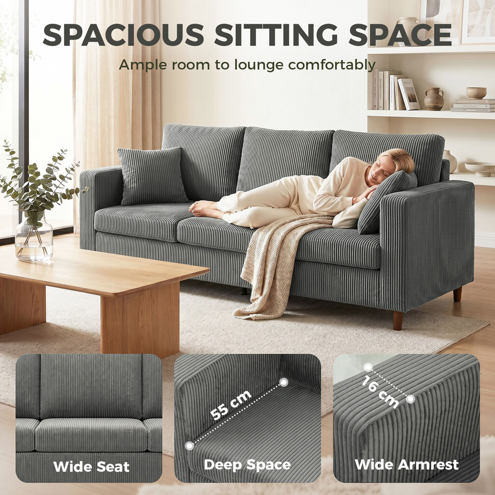 HOMCOM 3 Seater Light Grey Corduroy Upholstered Wide Seat Sofa Image 4