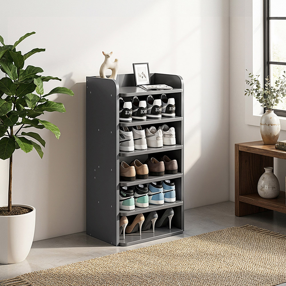 Living and Home 6 Shelf Black Wide Shoe Rack with Raised Guardrail Image 7