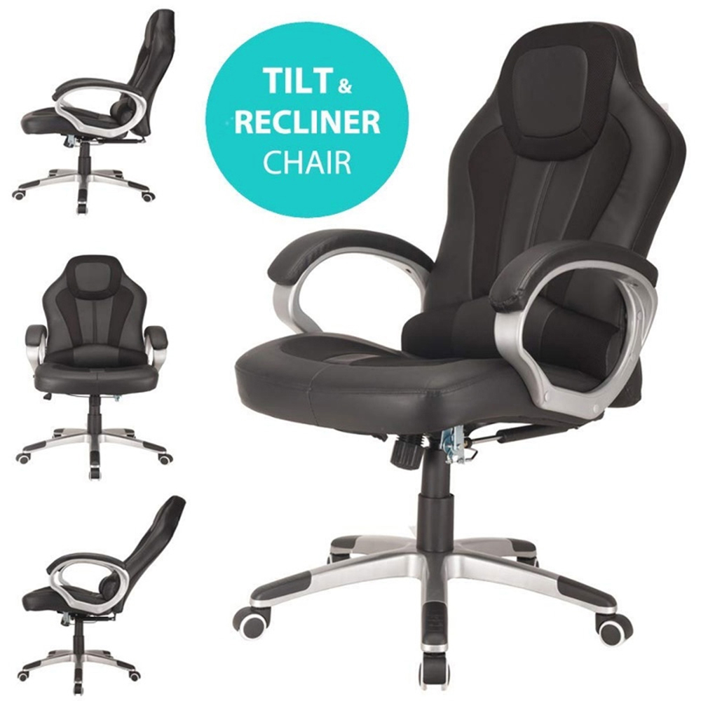 Reclining Gaming Style Office Chair in Faux Leather - Black Image 6