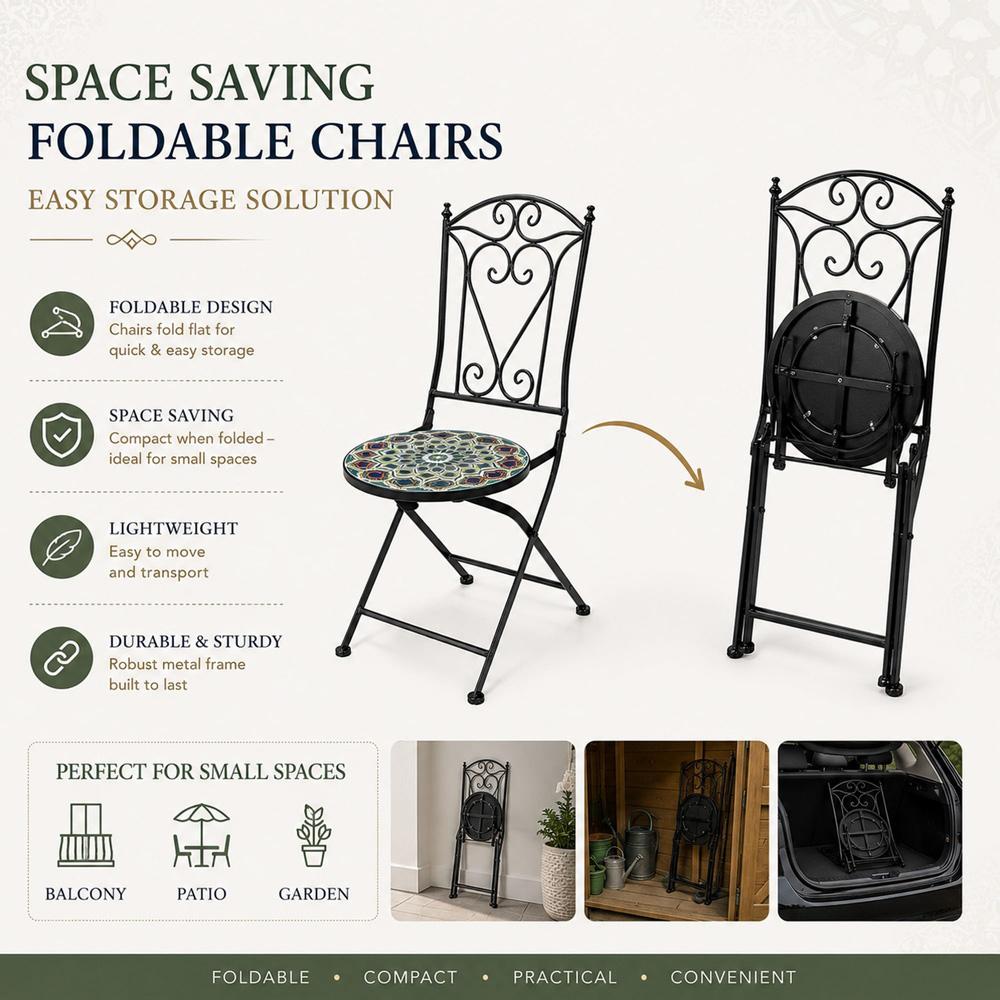 Shatchi Casablanca 2 Seater Mosaic Ceramic Tile Top Foldable Bistro Set Image 3