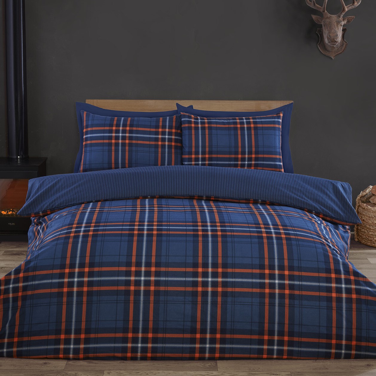 Harrison Check Duvet Cover and Pillowcase Set - Navy / Double Image 1