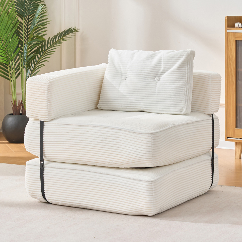 Living and Home Single Seater White Foldable Corduroy Upholstered Sofa Bed Image 8
