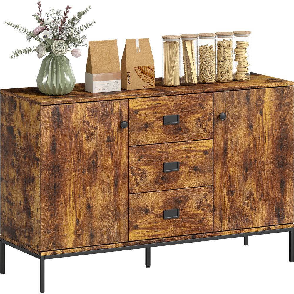 HOMCOM 3 Drawer 2 Door Rustic Brown Modern Storage Cabinet Image 2