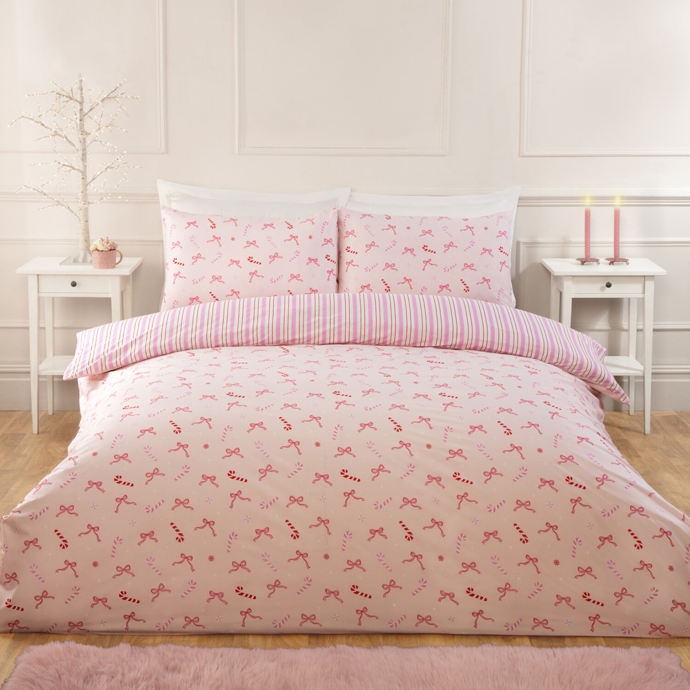Bow Candy Canes Bedding Set Pink Superking Image 1
