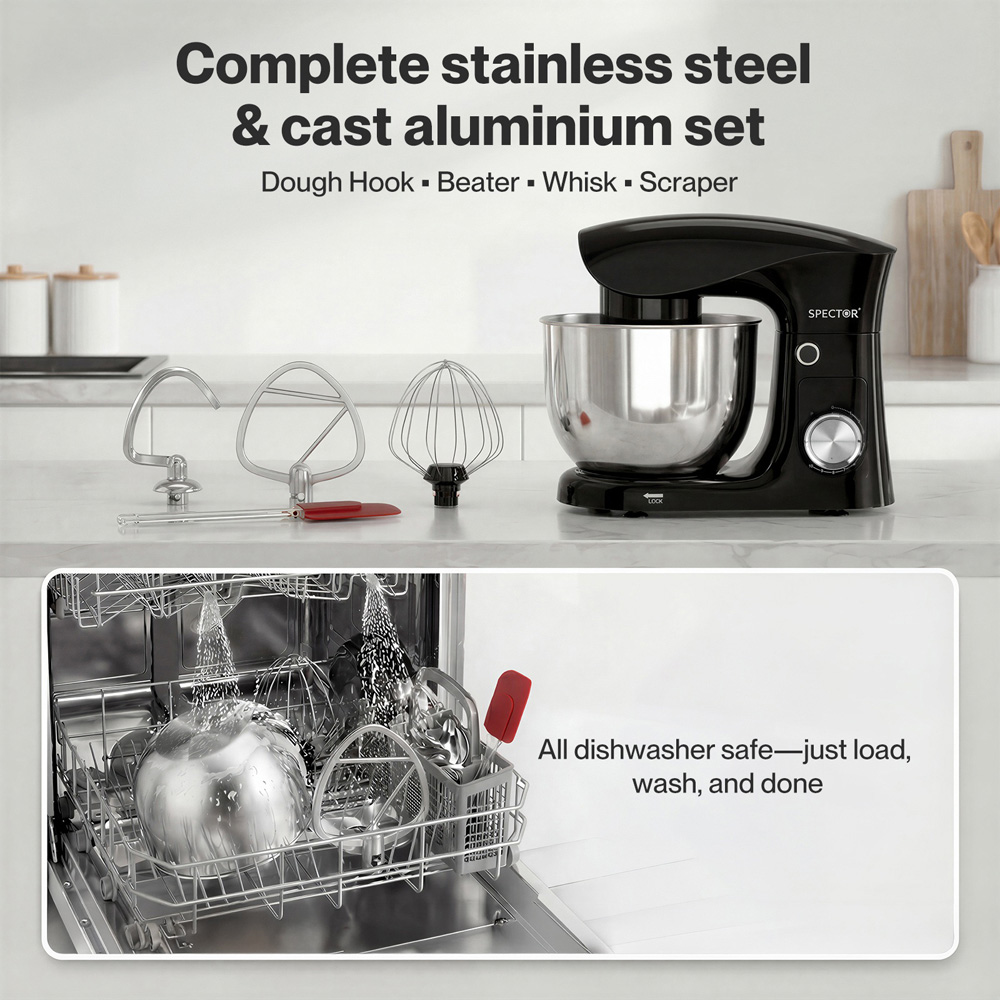 Spector MIX1003-BK-5L-UK 5L and 4.5L Mixing Bowl Electric Stand Mixer 1500W Image 6