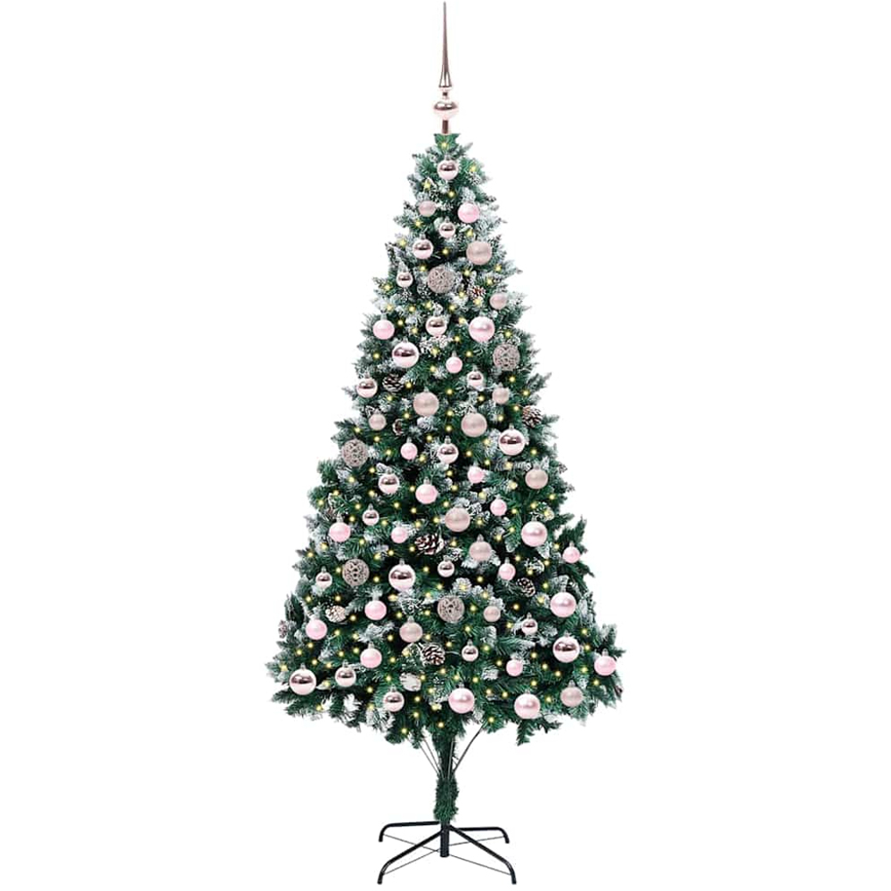 vidaXL Pre-Lit Pink Baubles Green Artificial Christmas Tree 7ft Image 1
