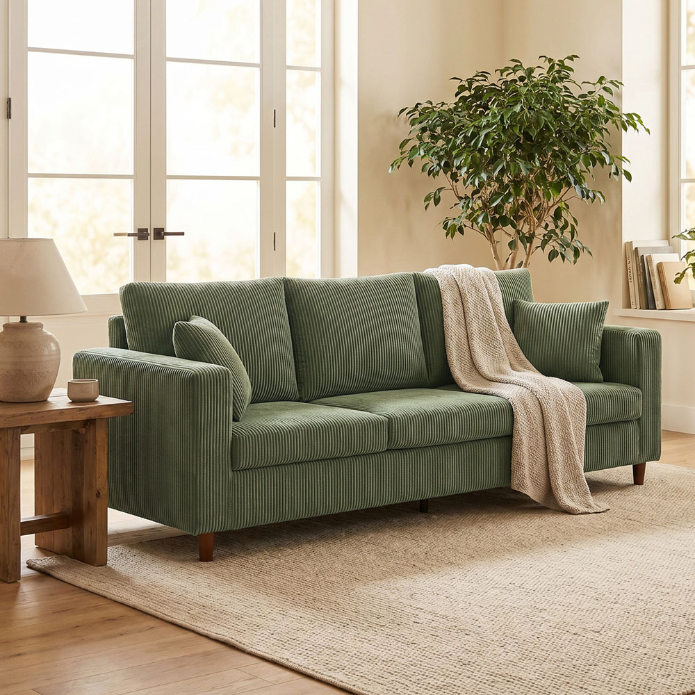 HOMCOM 3 Seater Green Corduroy Upholstered Wide Seat Sofa Image 3