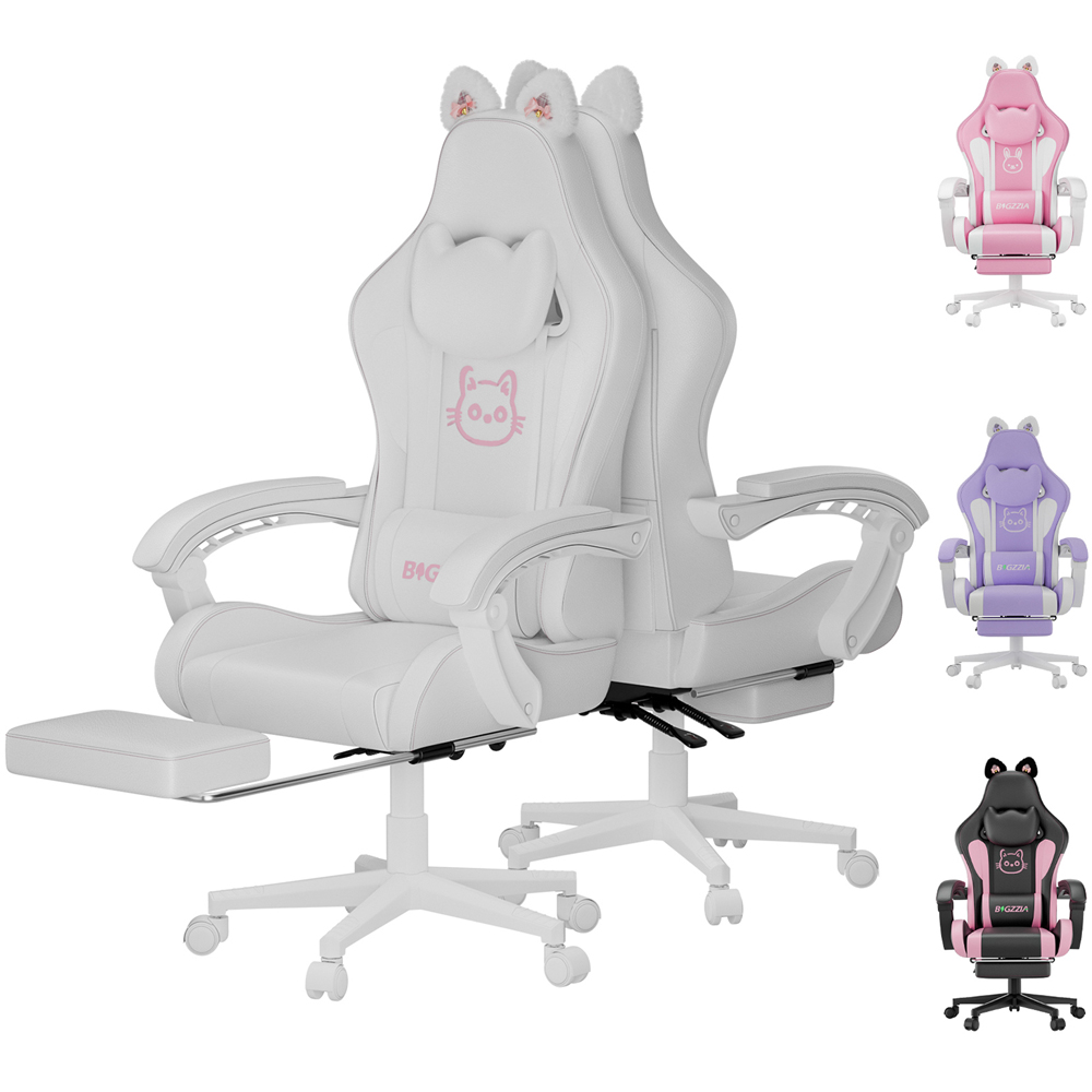 Rattrix White Cat Ears Gaming Chair with Massage Lumbar Support and Footrest Image 2