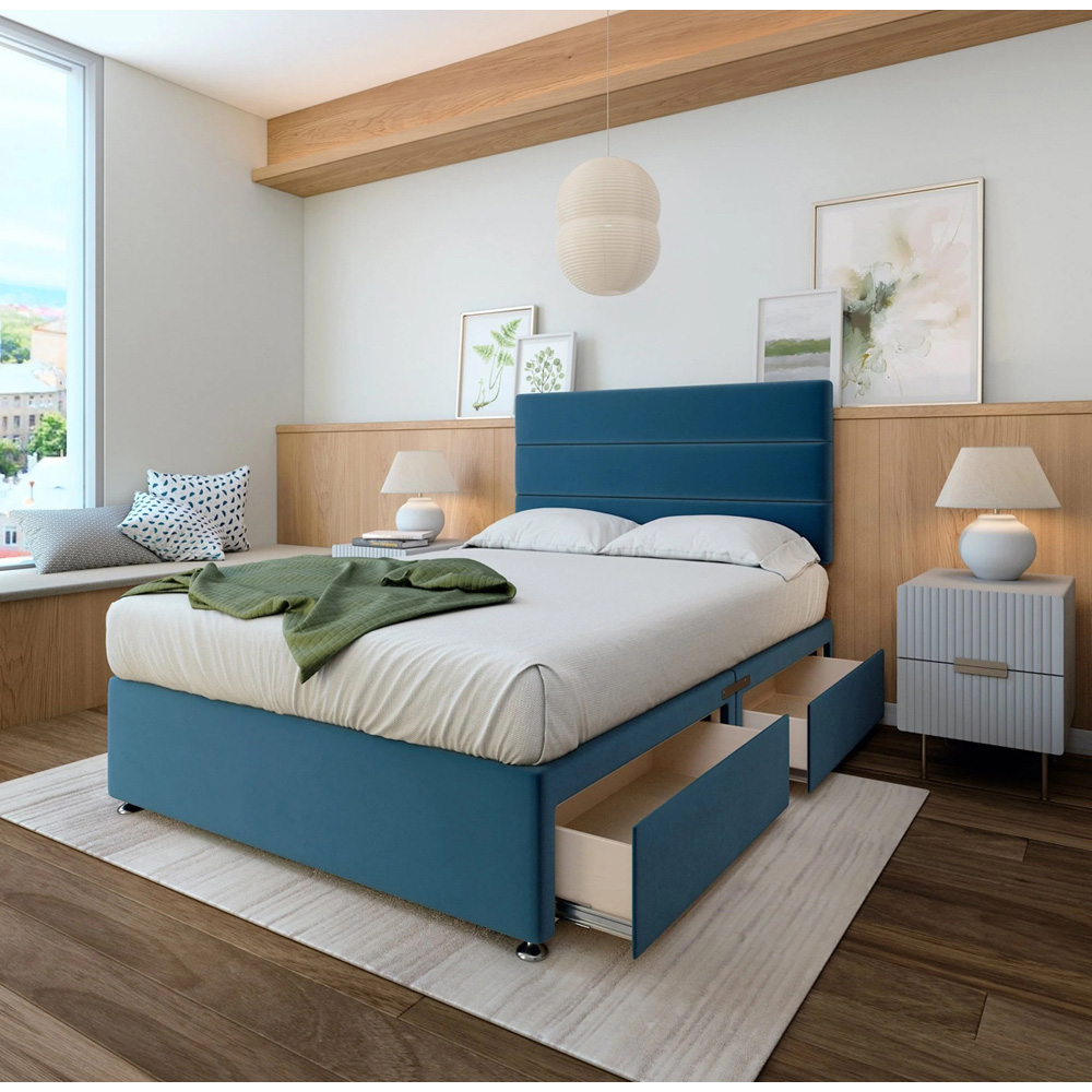 Bedmaster Small Double Marine Blue Plush Velvet 2 Drawer Divan Base with Milan Headboard Image 2