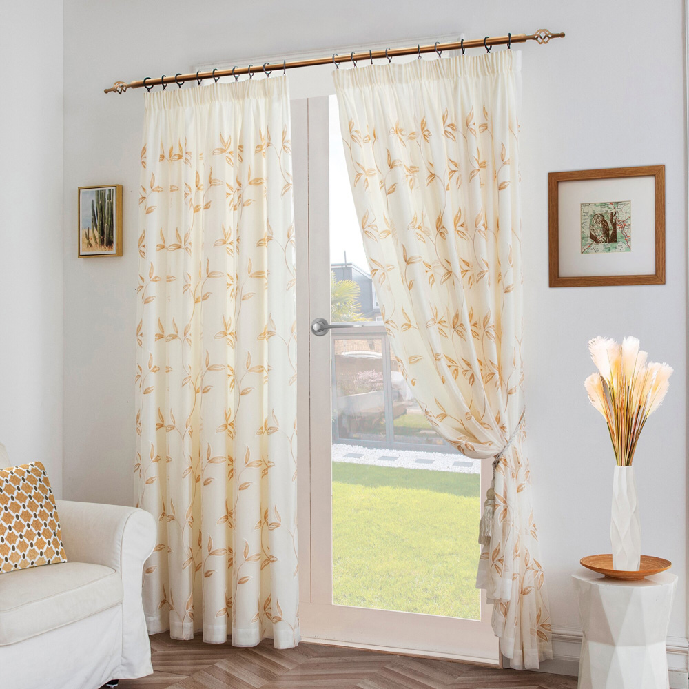 Alan Symonds Leaf Embroidered Gold Pencil Pleat Tulle Voile Curtains 229 x 229cm Image 1