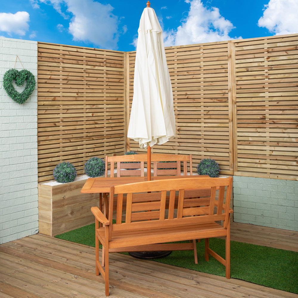 Samuel Alexander 4 Seater Wooden Rectangular Foldable Dining Bench Set with Cream Parasol and Base Image 8