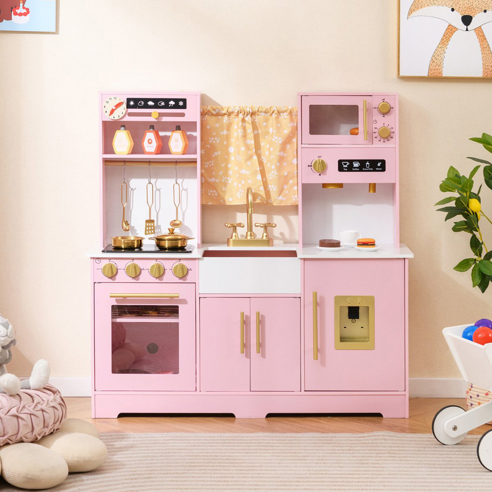 Costway Kids Pink Kitchen Play Set with Coffee Maker Stove Top Golden Utensils Image 2