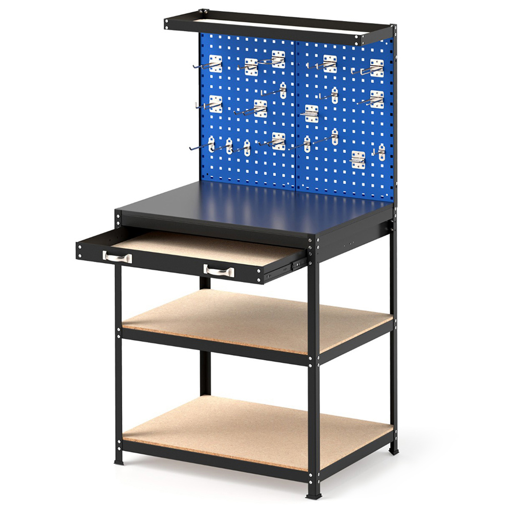 Costway Navy Workbench with Pegboard and Shelves 81 x 41cm Image 1