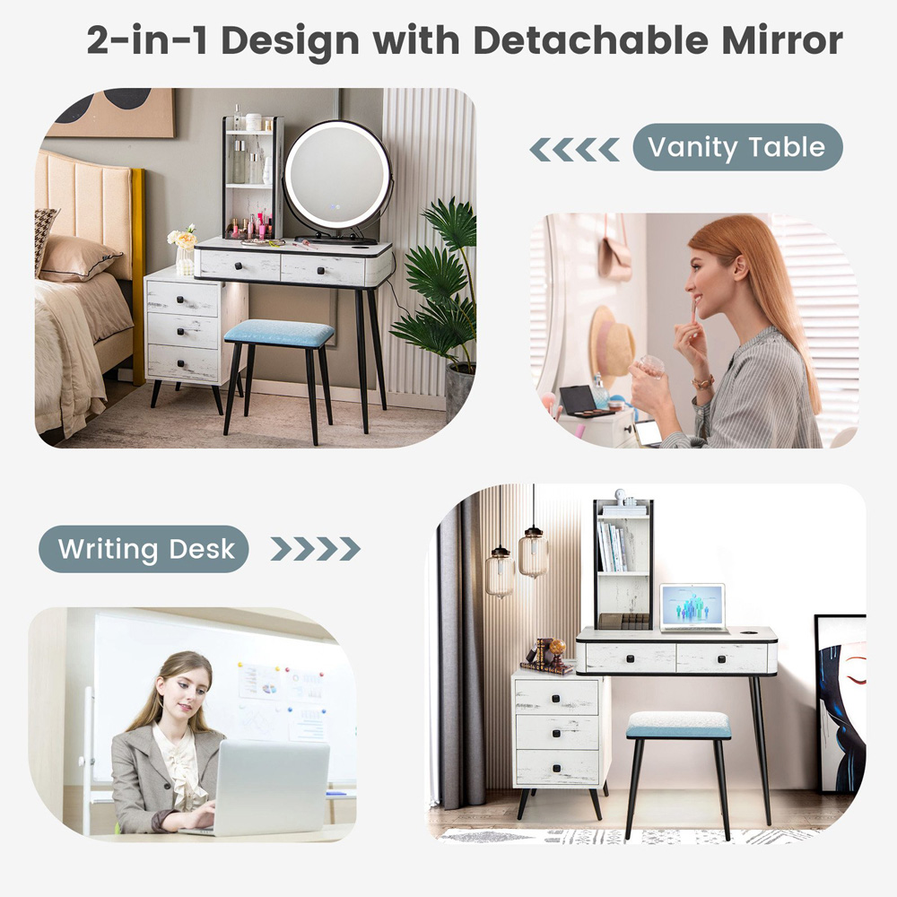 Costway White Vanity Dressing Table Set with LED Mirror and Charging Station Image 4
