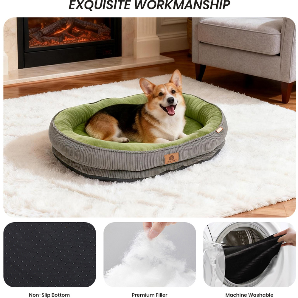 H&O Direct 50cm Grey and Green Corduroy Dog Cuddle Bed with Anti-Slip Bottom Image 4